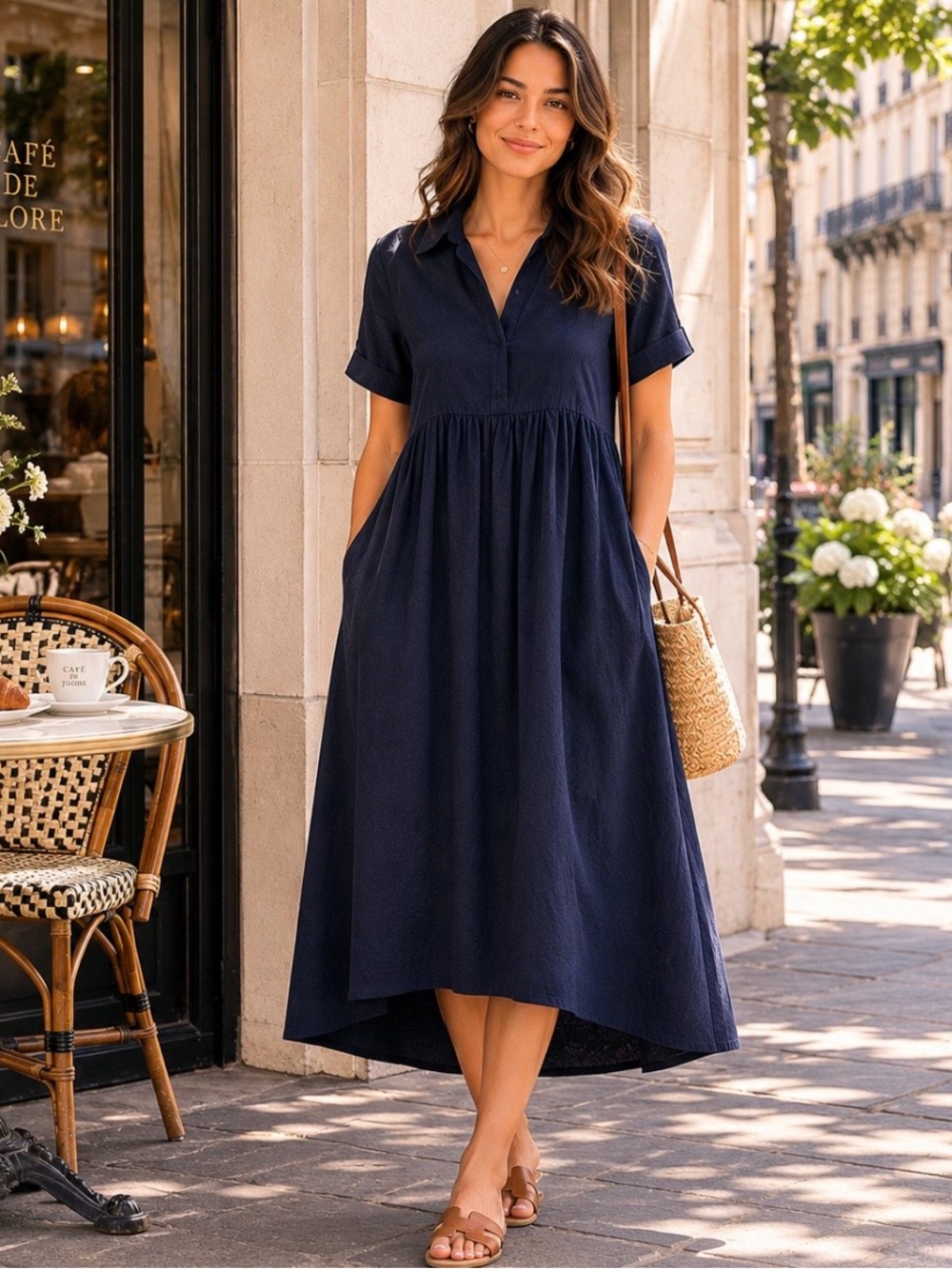 NWT 100% Linen Babydoll Midi Shirt Dress Pockets Coastal Size Small - Picture 2 of 15